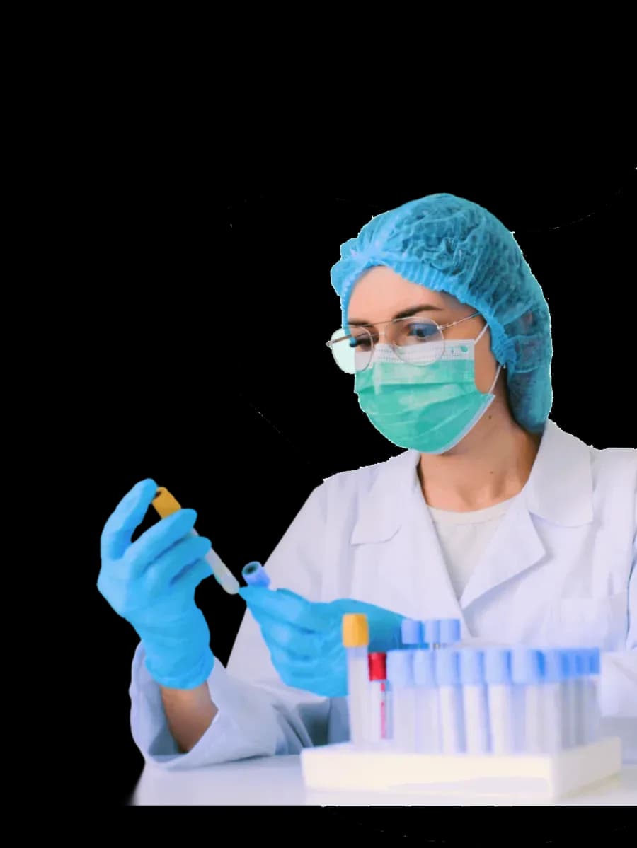 A lab technician in gloves and a mask checking a blood sample tube